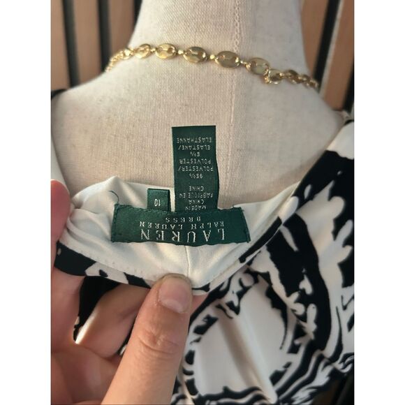 LAUREN RALPH LAUREN Midi Dress Women SZ 10 Black White Paisley Sleeveless V-Neck - Picture 5 of 7